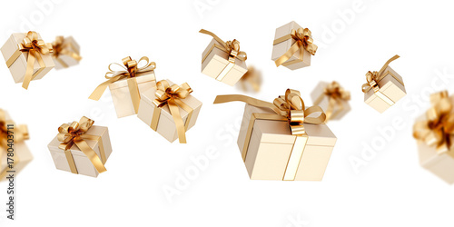 golden gift boxes flying on air isolated on white