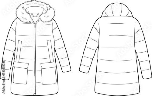 Winter coat technical sketch, front and back view, hooded design, fur trim, quilted padding, fashion flat, garment template, outerwear illustration