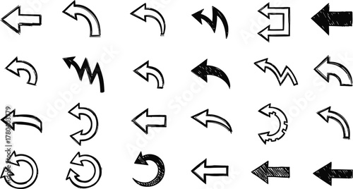 set of hand drawn abstract distress grunge brush arrows, set of black and white silhouettes of various brushed strokes, Hand-drawn collection of various arrow and brush set.