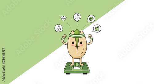 Healthy Lifestyle Depiction with Adorable Pistachio Character on a Weight Scale