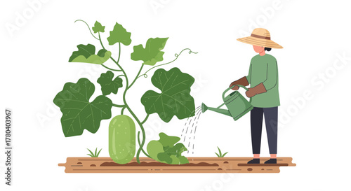 Gardener Watering Vegetables in a Garden Under the Morning Sun With Fresh Produce