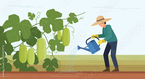 Gardener Watering Vegetables Using A Watering Can In Colorful Illustrated Art