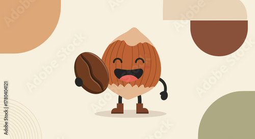 Humorous Nutty Character Smiles While Holding A Coffee Bean, With Minimalist Background