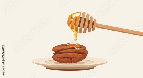 Honey Drizzling Onto Pecan Nut On A Plate Against A Pale Backdrop