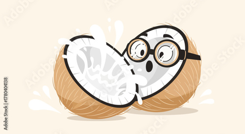 Humorous Coconut Character with Spectacles, Milk Splash, a Playful Illustration Design