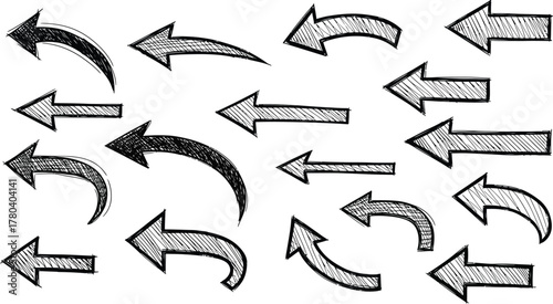 set of hand drawn abstract distress grunge brush arrows, set of black and white silhouettes of various brushed strokes, Hand-drawn collection of various arrow and brush set.