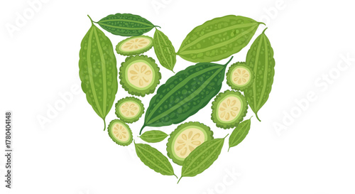 Heart Shaped Composition Of Bitter Melon Leaves And Slices On White Background