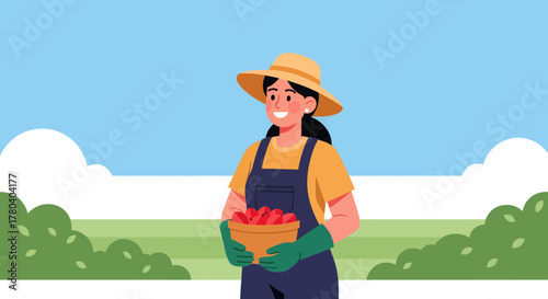 Happy Farmer With A Basket Of Vegetables in Green Field and Blue Sky Background