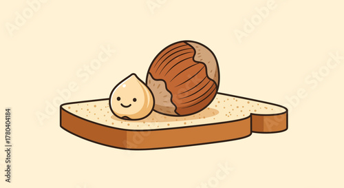 Happy Hazelnut And Nut Kernel On Slice Of Bread Illustration For A Sweet Snack