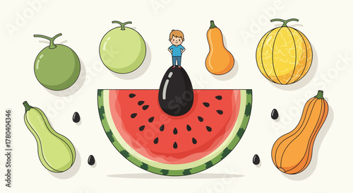 Illustration Of A Child Standing On A Watermelon Seed With Fruits Around.