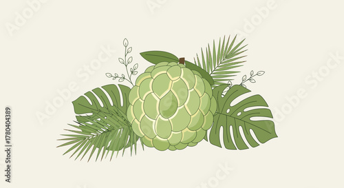 Illustration Of A Custard Apple With Green Leaves On A Muted, Minimalist Background