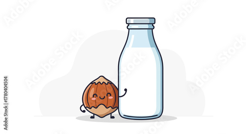 Healthy Hazelnut Milk Illustration: Adorable Cartoon Characters and Beverage Concept