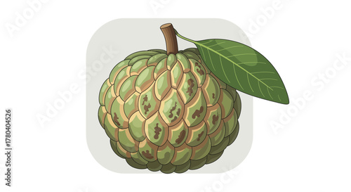 Illustration Of A Freshly Drawn Custard Apple With A Leaf On A White Background