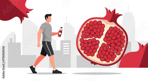 Healthy Lifestyle Concept: Athlete Walking With Pomegranate Juice And Fruit Illustration