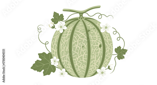 Illustration Of A Freshly Grown Melon Fruit With Beautiful Leaves and Blossoms