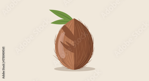 Illustration Of A Freshly Harvested Coconut With Vibrant Leaves And Unique Detailing