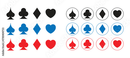 Icon set of playing card suits. Collection of casino symbols. Isolated on a white background, vector illustration.