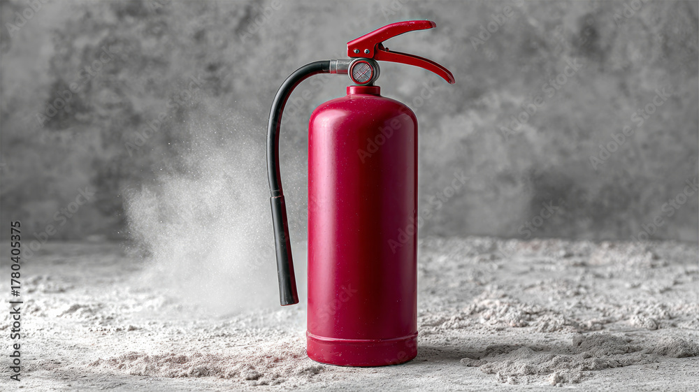 Obraz premium A red fire extinguisher releasing smoke on a textured surface.