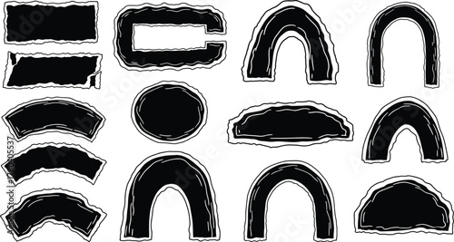 Set of wide curved grunge black brush strokes, squiggly lines with loops. Template vector brush drawn wavy smears, circle, dots, zigzag lines. Geometric old figures for colleges and graphic design.