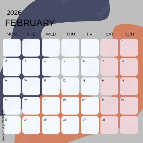 Minimal February 2026 Calendar Template with Abstract Pastel Background