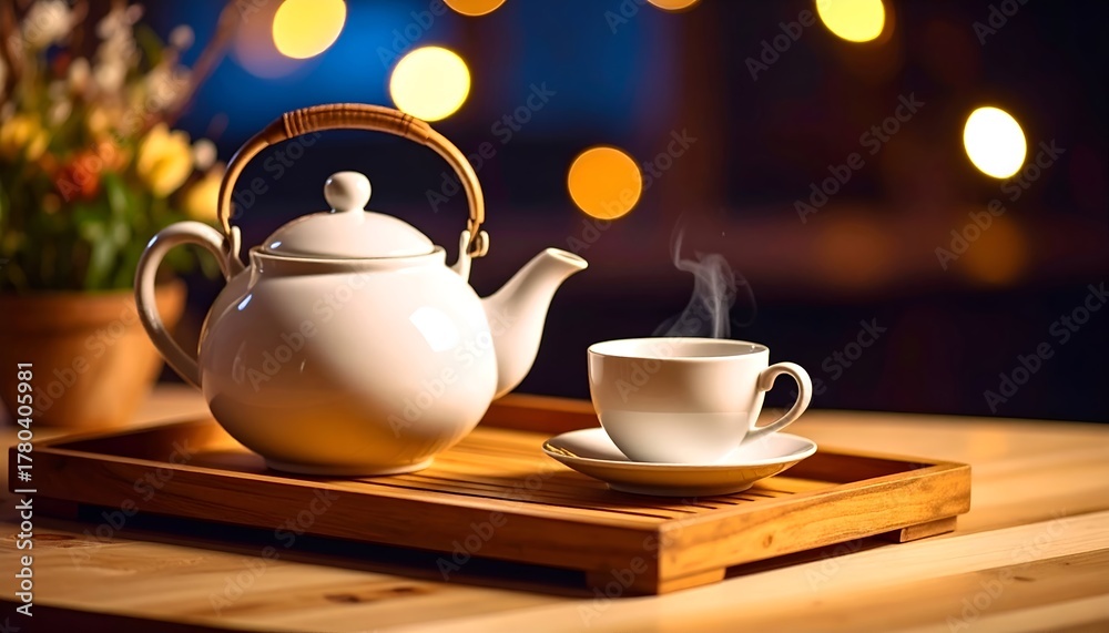 Fototapeta premium A cozy scene featuring a white teapot, cup, and saucer on a wooden tray.