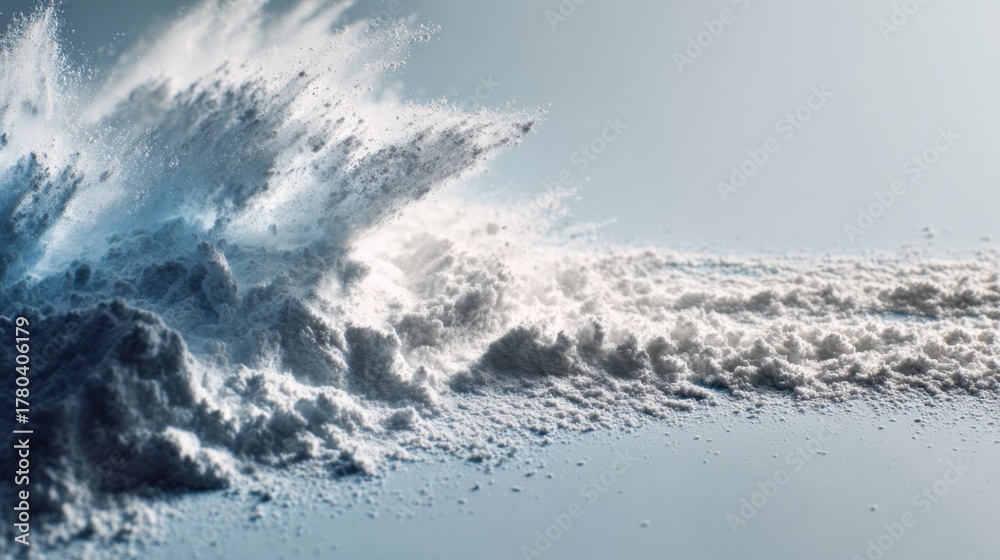 Obraz premium A dynamic explosion of powder, symbolizing energy and impact. The composition features a white substance bursting outward, creating a captivating visual effect. 
