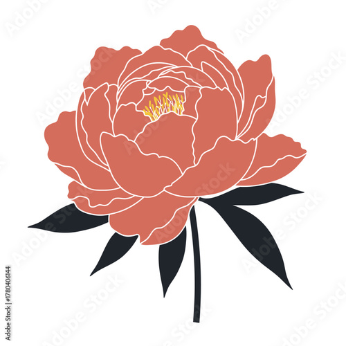 Foto Elegant Coral Peony Flower with Dark Leaves Illustration