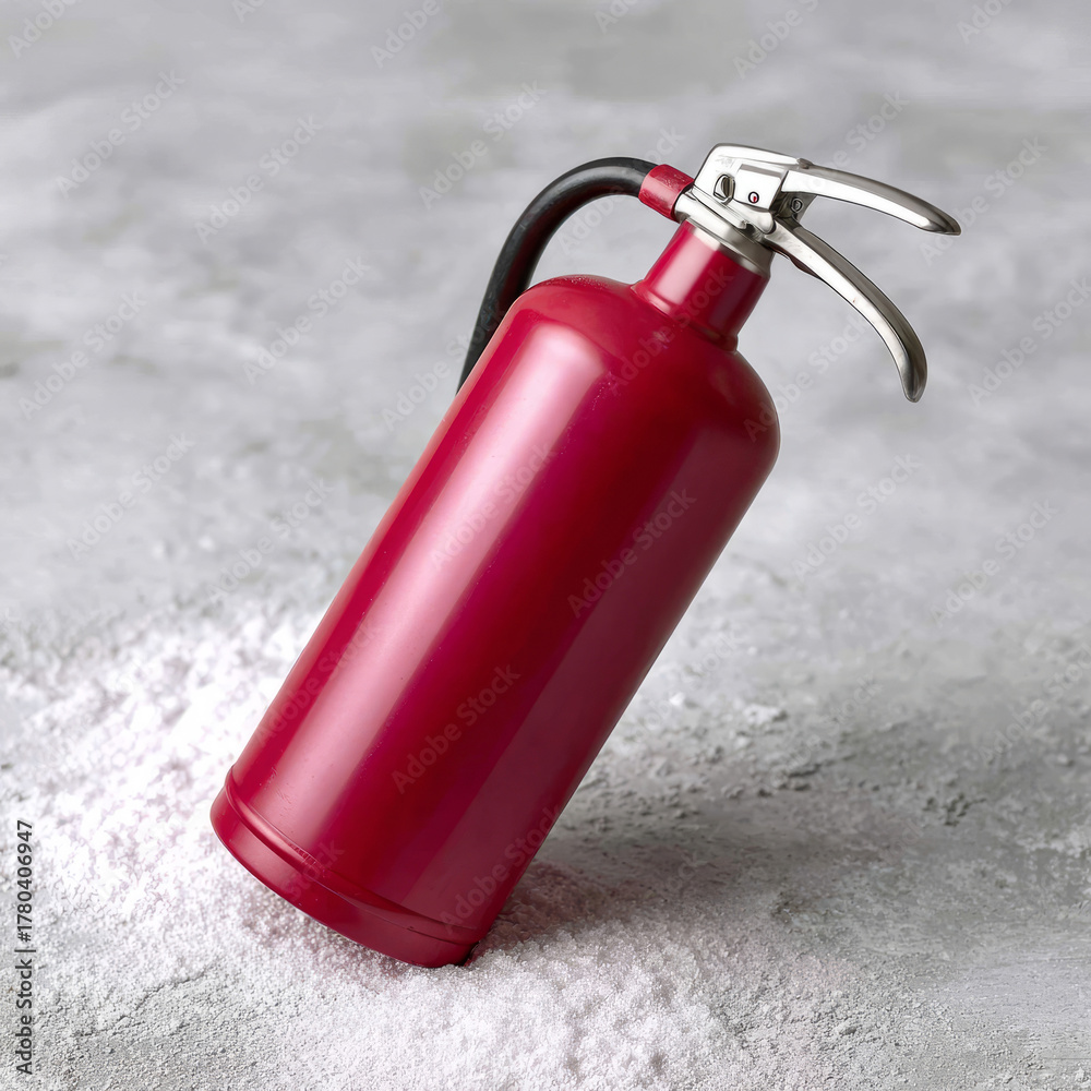 Obraz premium Red fire extinguisher on a grey surface with powder spill.