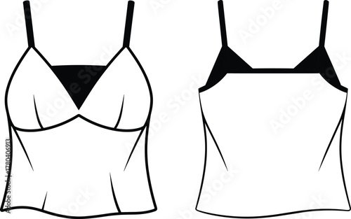 Women's camisole tops, sweetheart neckline, straight neckline, thin straps, fashion sketch, technical drawing, garment comparison, apparel design template