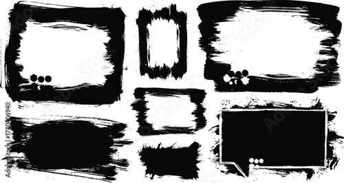 Mega bundle of different ink brush strokes:rectangle,square and round freehand drawings.Ink splatters,grungy painted lines,artistic design elements:waves,circles,triangles.