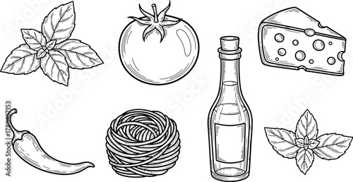 Mediterranean blue summer Italian food and drink set. la dolce vita. Outline Vintage aesthetics isolated minimal whimsical Hand sketch drawings on white background.