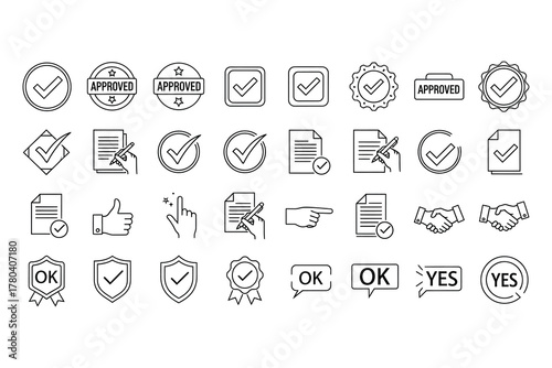 Collection of black outline icons representing approval confirmation and agreement symbols check mark