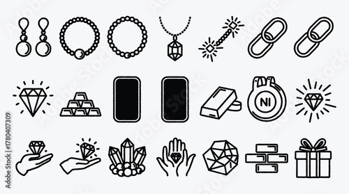 Elegant Jewelry and Precious Metals Icons Collection in Black and White Style