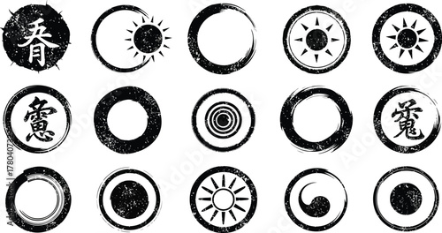 set of black grunge ink stamp circles, round shape stamp