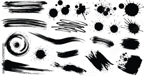 Mega bundle of different ink brush strokes:rectangle,square and round freehand drawings.Ink splatters,grungy painted lines,artistic design elements:waves,circles,triangles.
