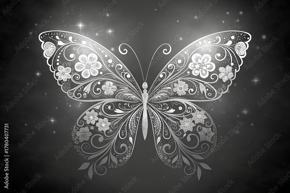 Naklejka premium Elegant black and white butterfly with intricate, glowing floral patterns. A magical, sparkling, ornate fantasy illustration on a dark, ethereal background. Generative Ai.