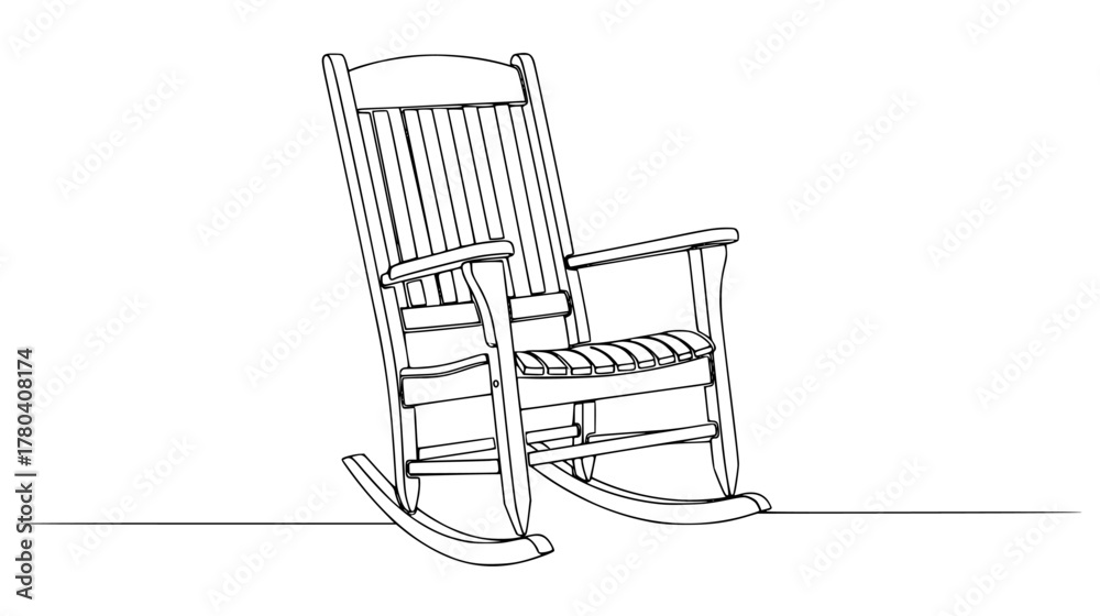 Fototapeta premium Single line drawing of a classic wooden rocking chair — minimalist continuous line art capturing curved rockers and high back, comfort and tradition.