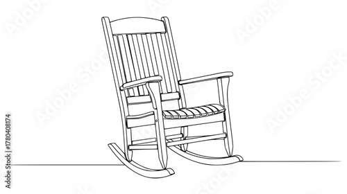Single line drawing of a classic wooden rocking chair — minimalist continuous line art capturing curved rockers and high back, comfort and tradition.