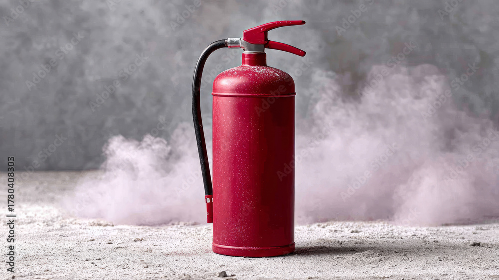 Obraz premium Red fire extinguisher with smoke on concrete, industrial safety