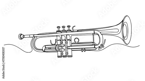 Continuous line art of a trumpet — single unbroken line forming the bell, valves, and mouthpiece in one fluid motion, jazz and fanfare.