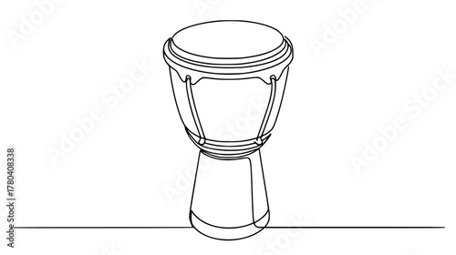 Continuous line art of a single bongo drum — minimalist one line drawing highlighting the round top and tapered body, percussion instrument.