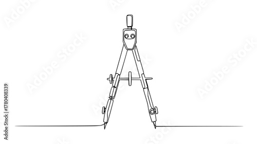 Continuous line art of a drawing compass — minimalist one line design forming two legs and a central pivot, geometric drafting tool.