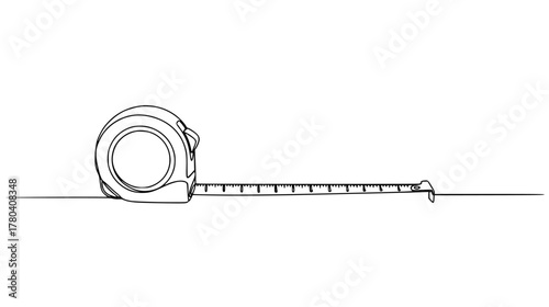 Minimalist continuous line art of a rolling tape measure — single line drawing with the tape slightly pulled from the casing, distance and utility.