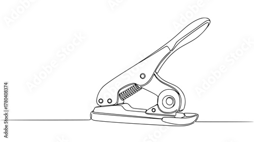 One unbroken line creating a simple hole punch — minimalist continuous line art emphasizing the handle and mechanism, office utility tool.