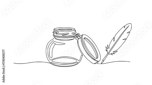 Continuous line art of an empty glass inkwell with a hinged lid — minimalist one line drawing symbolizing writing tradition.