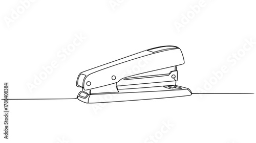 Minimalist continuous line art of a desk stapler — single unbroken line forming the base and hinged top, symbol of fastening and office tools.
