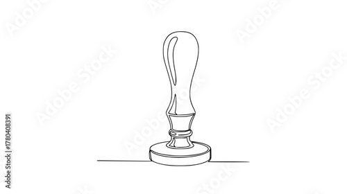 Single line drawing of a wax seal stamp — minimalist continuous line art showing handle and circular base, symbol of authenticity and heritage.