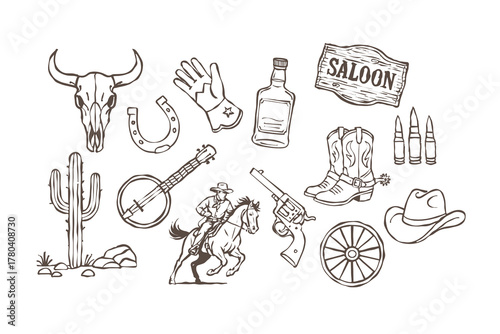 Vintage western cowboy hand drawn line art style vector illustration set for bar signage, rodeo events, or retro-themed projects
