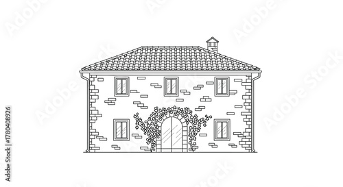 Mediterranean Rural House Facade Line Art Illustration with Stone Walls