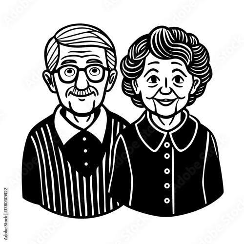Stylized black and white silhouette portrait of a smiling elderly couple isolated on white background